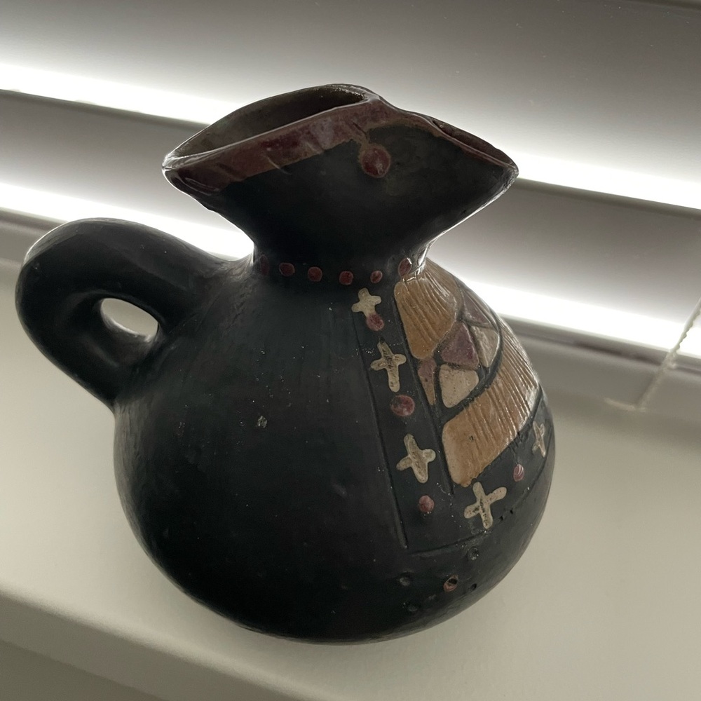Zoomorphic Handcrafted Black and Brown Ceramic Art Vessel with Geometric Designs